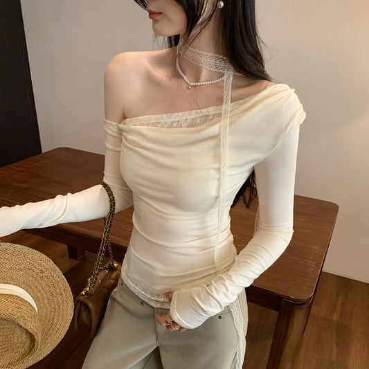 One Shoulder Panel Lace Top Long Sleeve