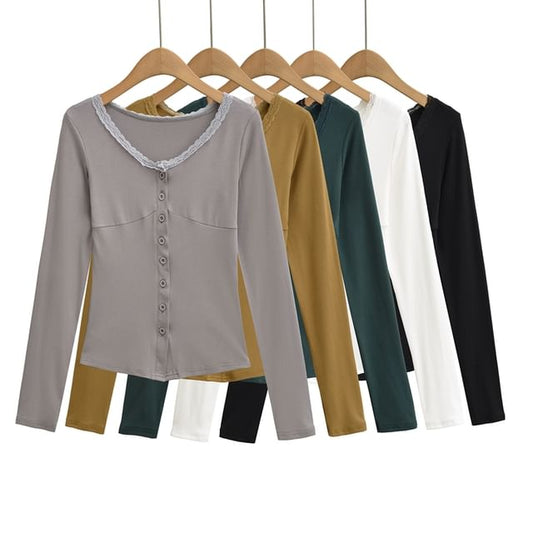 V-Neck Lace Trim Button Top Long Sleeve