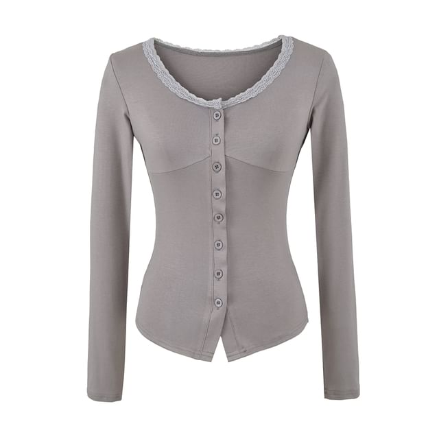 V-Neck Lace Trim Button Top Long Sleeve