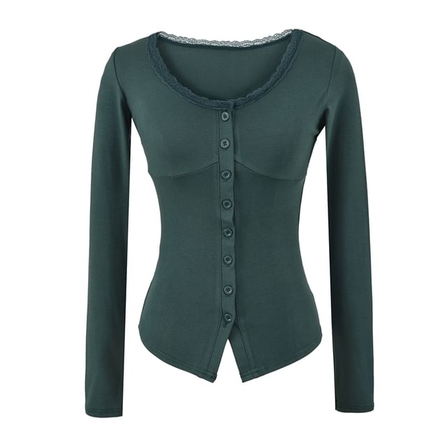 V-Neck Lace Trim Button Top Long Sleeve