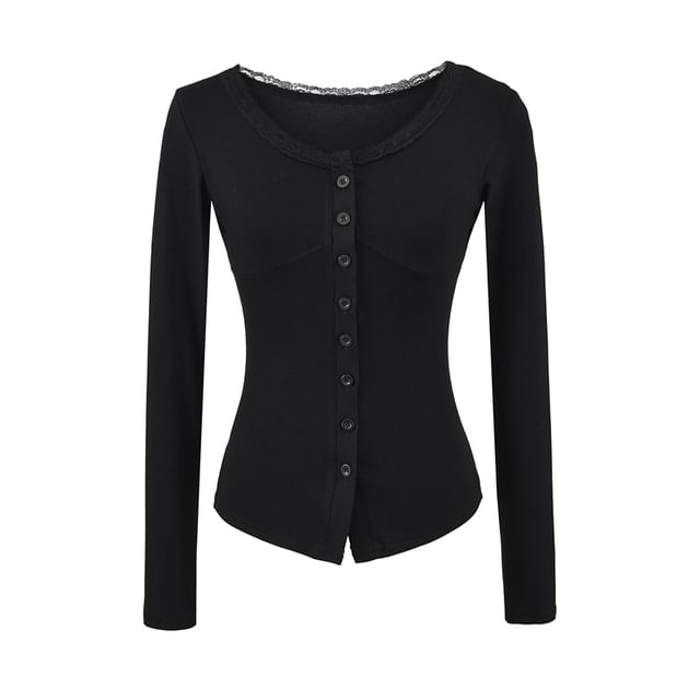 V-Neck Lace Trim Button Top Long Sleeve