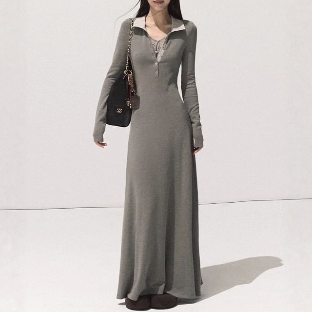 Long Sleeve Contrast Collar Mock Two Piece Panel Lace Maxi A-Line Dress