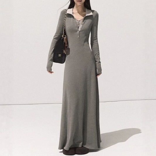 Long Sleeve Contrast Collar Mock Two Piece Panel Lace Maxi A-Line Dress