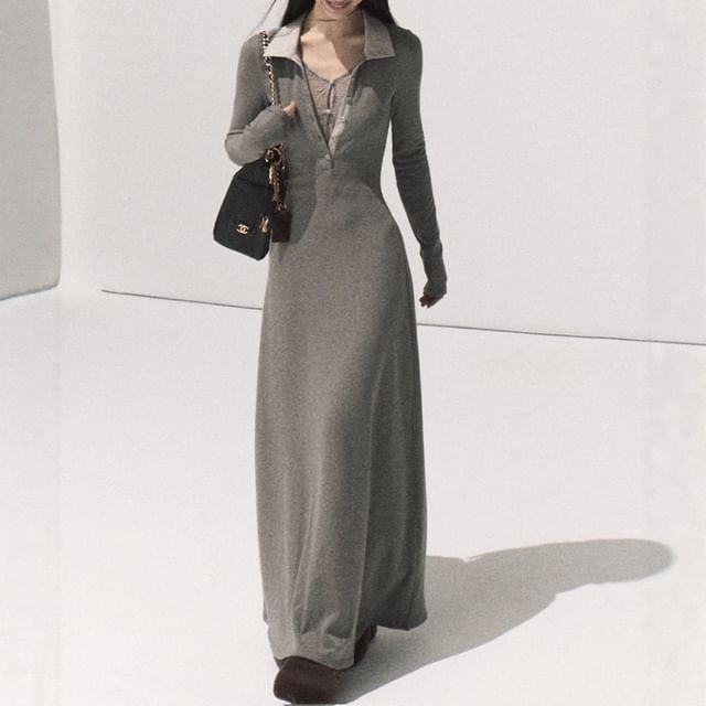Long Sleeve Contrast Collar Mock Two Piece Panel Lace Maxi A-Line Dress