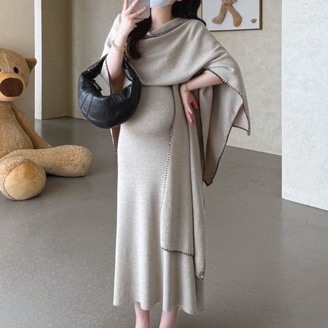 Maternity Set: Sleeveless Knit Maxi Mermaid Dress + Shawl