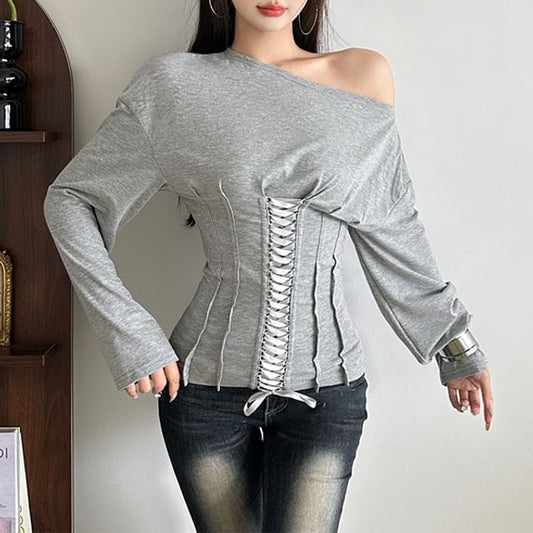Lace-Up Slim Fit Off-Shoulder Long Sleeve Tee