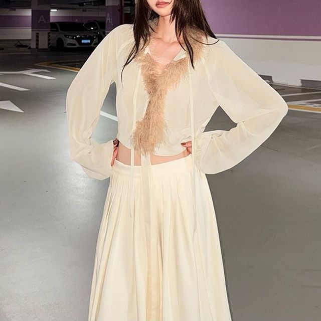 Fluffy Trim V-Neck Sheer Blouse with Tie Front