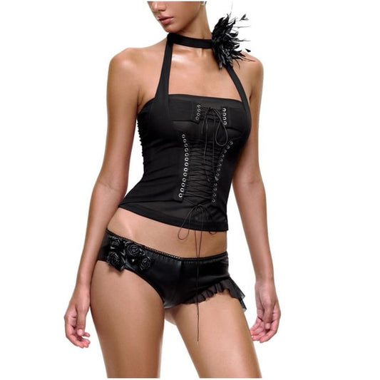 Halter Mesh Top with Lace Up Front