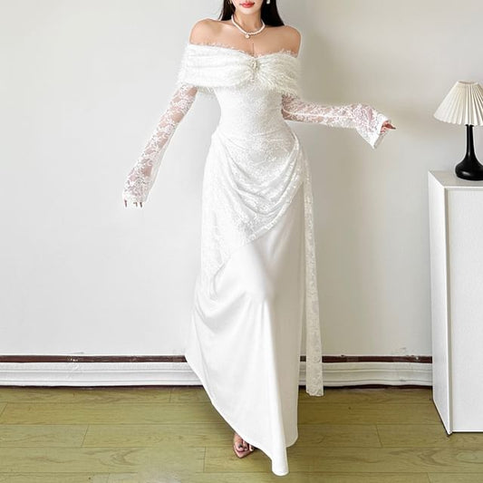 Long Sleeve Off Shoulder Plain Ruched Panel Lace Maxi A-Line Dress