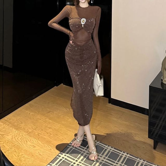 Long-Sleeve Glitter Maxi Sheath Dress