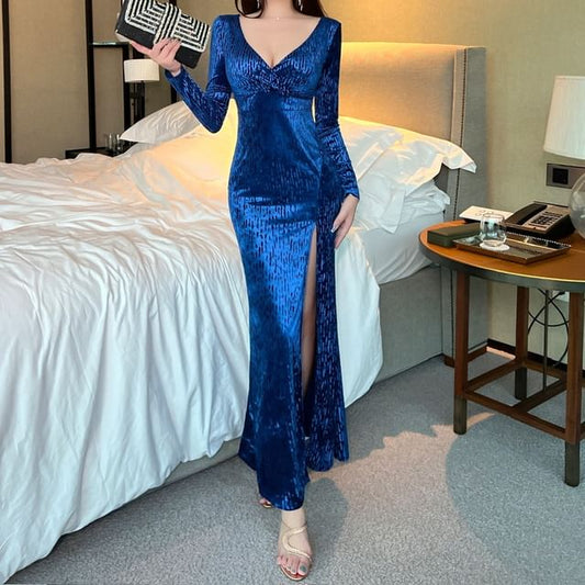 Long-Sleeve V-Neck Silky Maxi Mermaid Dress