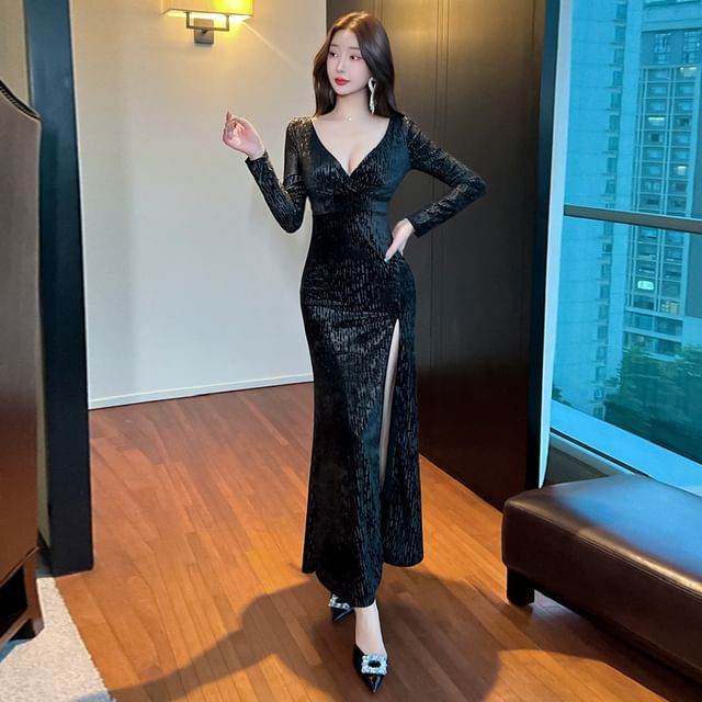 Long-Sleeve V-Neck Silky Maxi Mermaid Dress