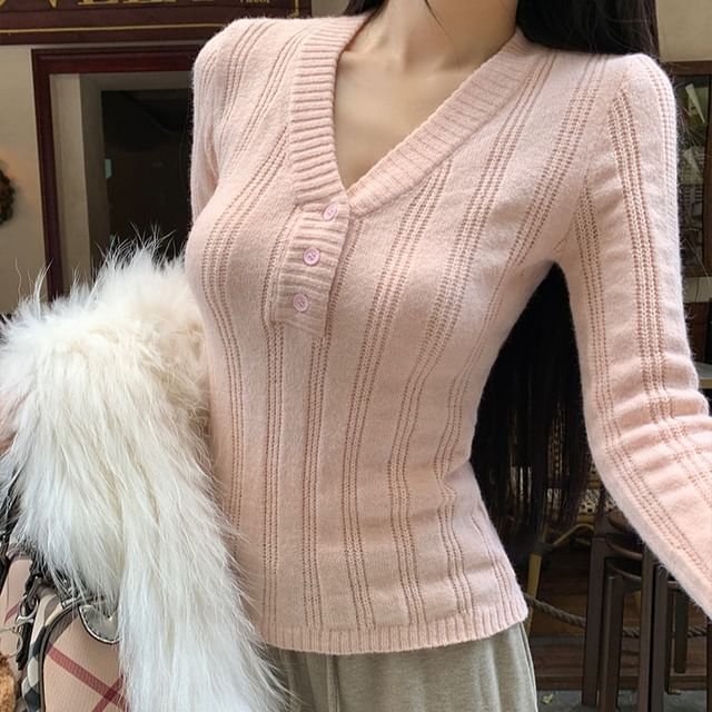Button Front V-Neck Sweater