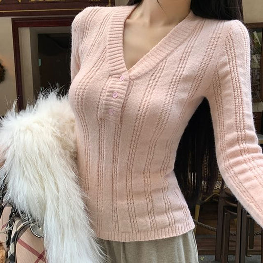 Button Front V-Neck Sweater