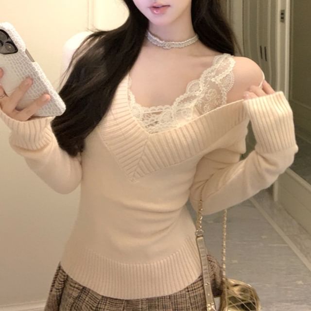 V-Neck Knit Top with Lace Trim - Long Sleeve Option
