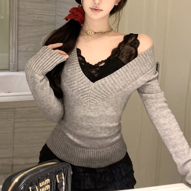 V-Neck Knit Top with Lace Trim - Long Sleeve Option