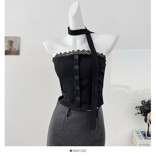 Lace Trim Tube Top and Skinny Scarf Set