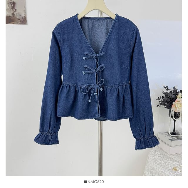 Ruffle Hem Denim Blouse with V-Neck Tie Front