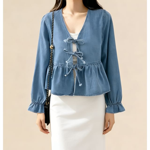 Ruffle Hem Denim Blouse with V-Neck Tie Front