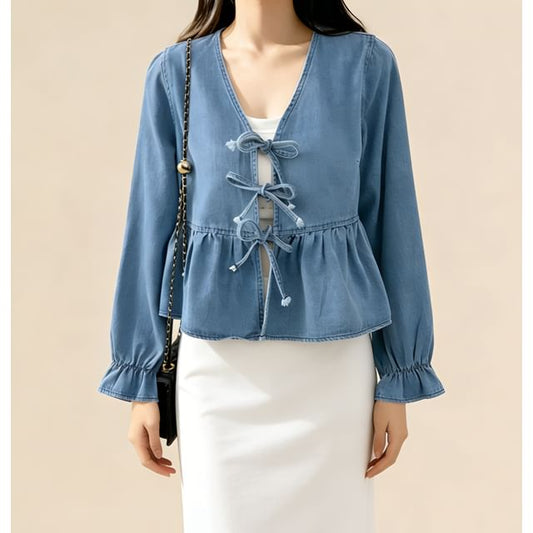 Ruffle Hem Denim Blouse with V-Neck Tie Front