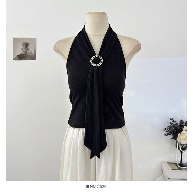 Open Back Ribbed Crop Top with Halter Neck