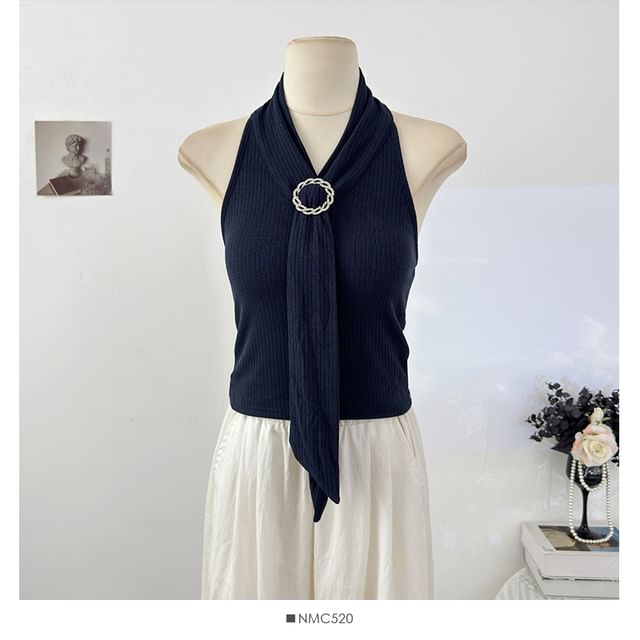 Open Back Ribbed Crop Top with Halter Neck