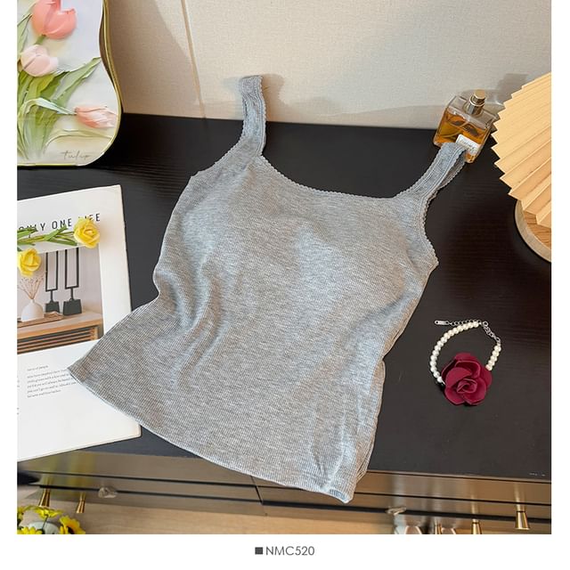 Square Neck Ribbed Padded Crop Tank with Lace Trim