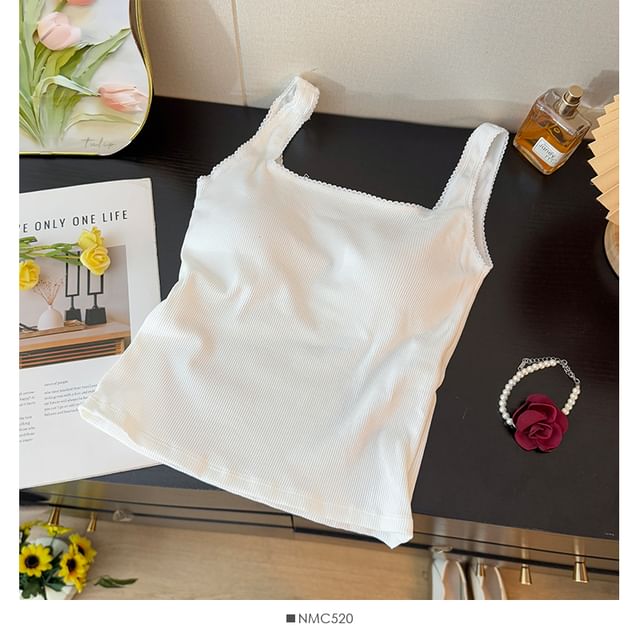 Square Neck Ribbed Padded Crop Tank with Lace Trim