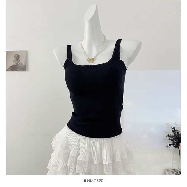 Square Neck Ribbed Padded Crop Tank with Lace Trim