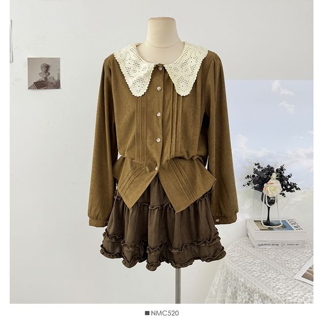 Corduroy Blouse with Lace Collar and Pintuck Details