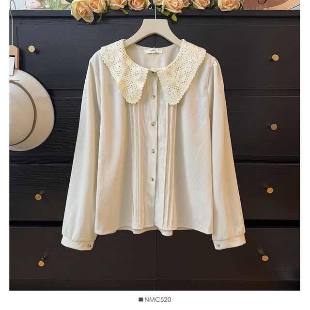 Corduroy Blouse with Lace Collar and Pintuck Details