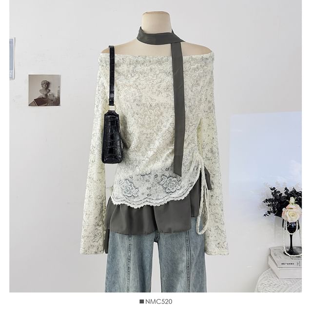 Cowl Neck Lace Top with Drawstring Ruffle Hem and Scarf Set