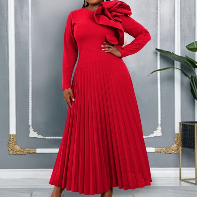 Long-Sleeve Crew Neck Plain Ruffle Panel Pleated Maxi A-Line Dress