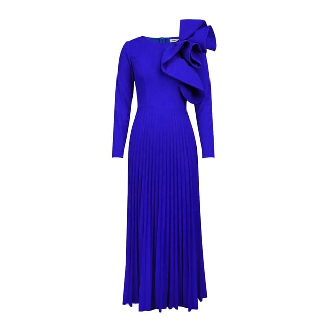 Long-Sleeve Crew Neck Plain Ruffle Panel Pleated Maxi A-Line Dress