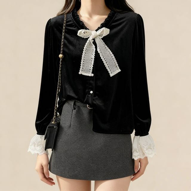 Velvet Blouse with Lace Panel and Button Front