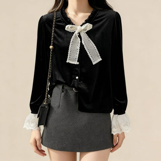 Velvet Blouse with Lace Panel and Button Front