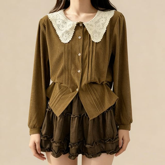 Corduroy Blouse with Lace Collar and Pintuck Details