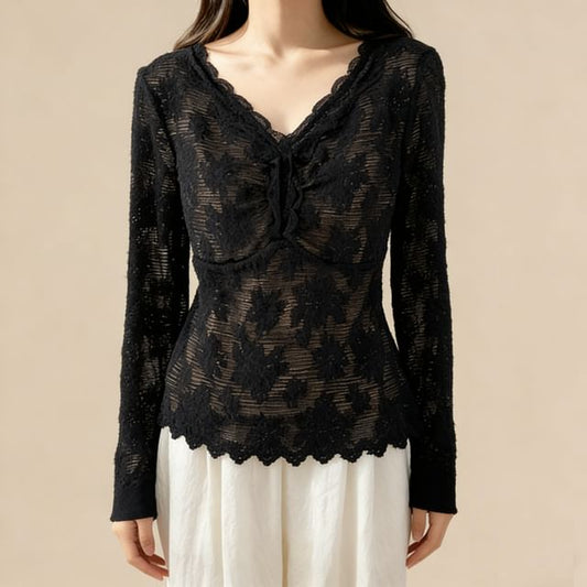 V-Neck Lace Slim Fit Long Sleeve Top