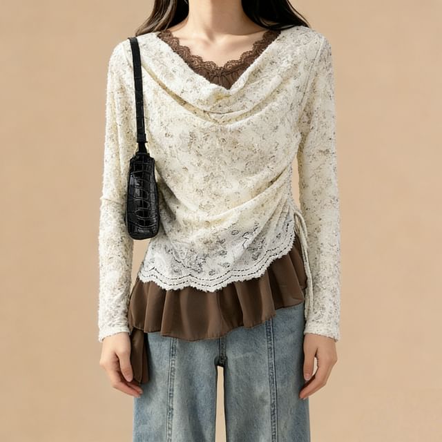 Cowl Neck Lace Top with Drawstring Ruffle Hem and Scarf Set