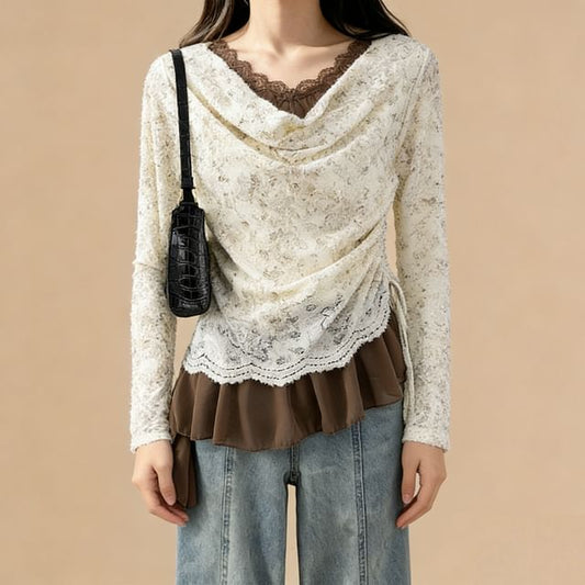 Cowl Neck Lace Top with Drawstring Ruffle Hem and Scarf Set
