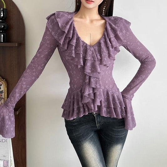 Bell Sleeve V-Neck Ruffle Lace Blouse