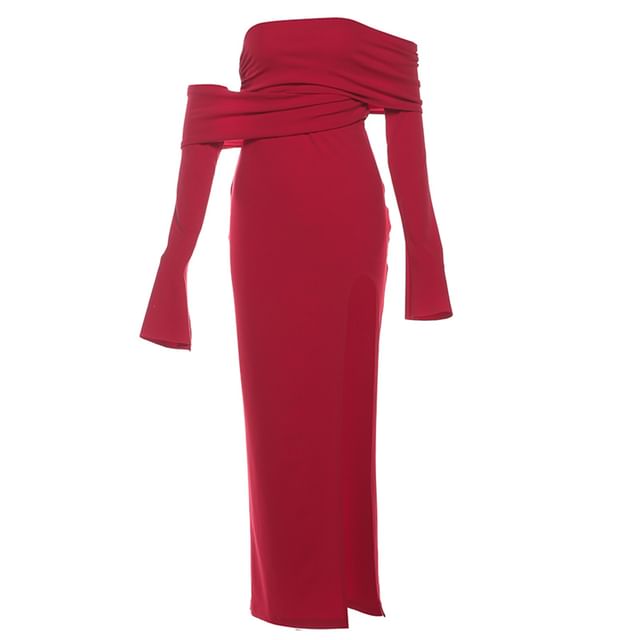 Long Sleeve One Shoulder Plain Slit Maxi Sheath Dress