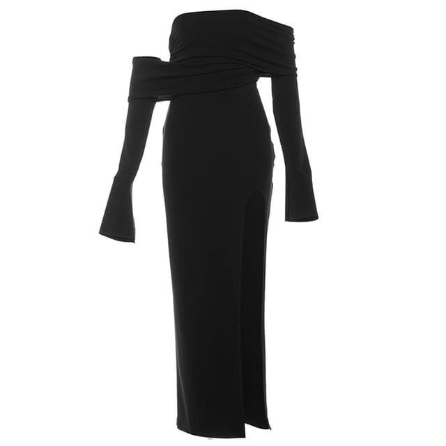 Long Sleeve One Shoulder Plain Slit Maxi Sheath Dress