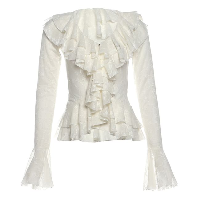 Bell Sleeve V-Neck Ruffle Lace Blouse