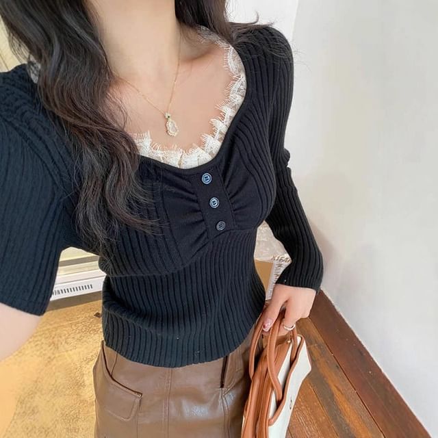 Ribbed Knit V-Neck Top with Lace Trim - Slim Fit