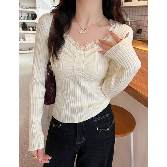Ribbed Knit V-Neck Top with Lace Trim - Slim Fit