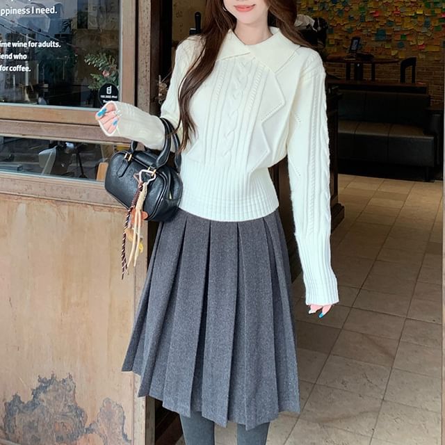 Cable Knit Collared Polo Sweater with Pleated Skirt