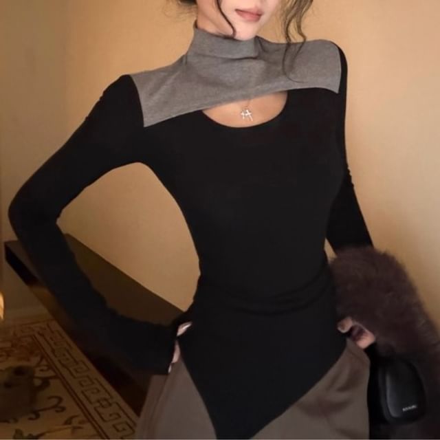 Cutout Asymmetrical Mock Neck Top