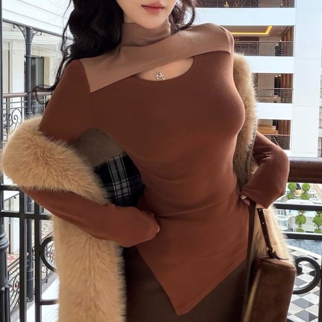 Cutout Asymmetrical Mock Neck Top
