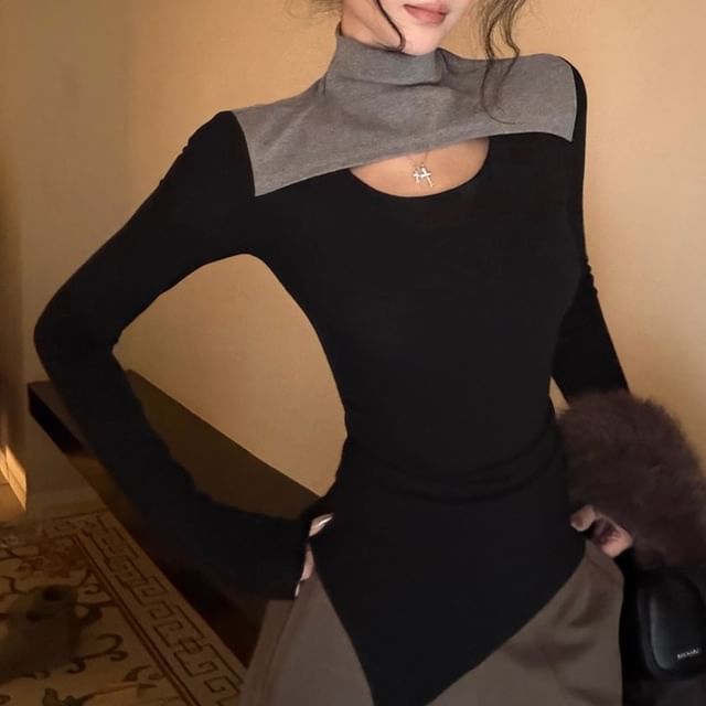Cutout Asymmetrical Mock Neck Top